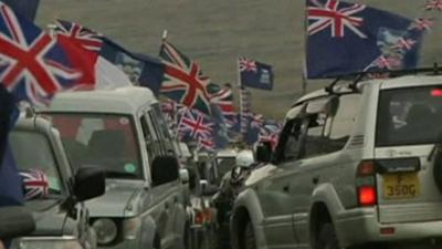 Falkland Islanders displaying flags on cars