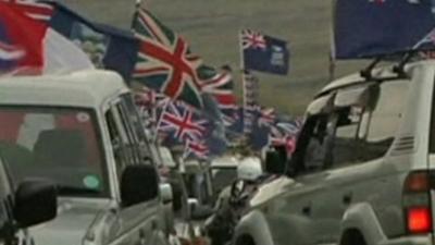 Falkland Islanders displaying flags on cars
