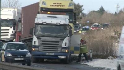 Jack-knifed lorry on A14