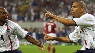 Rio Ferdinand scores for England at 2002 World Cup