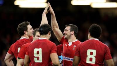 George North and Sam Warburton celebrate following their team's victory during the RBS Six Nations match