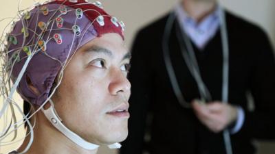 Kevin Fong in an EEG cap which measures the brain’s response to making mistakes