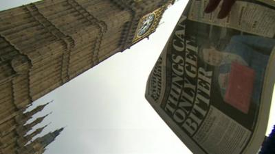 Front page of paper covering Budget with Westminster Clock in background