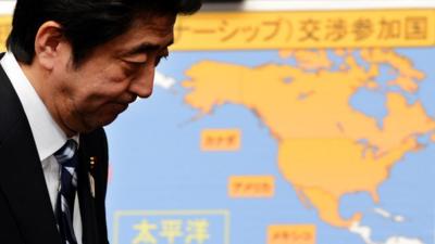 Japanese Prime Minister Shinzo Abe walks before the map of the Trans-Pacific Partnership participating countries