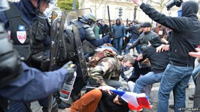 Riot police spray teargas on demonstrators during a demonstration against France"s gay marriage law