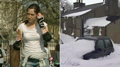 Girl eating ice lolly in March 2012 and snow in 2013