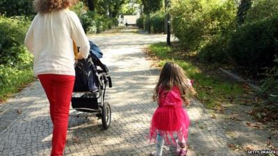 Mother and her three-year-old daughter walk together