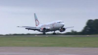 Plane landing at Cardiff airport