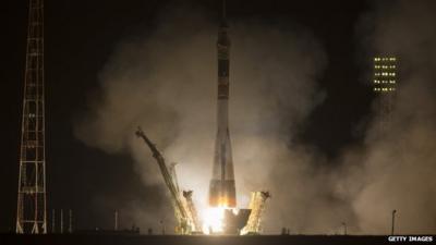 The Soyuz TMA-08M rocket launches from the Baikonur Cosmodrome