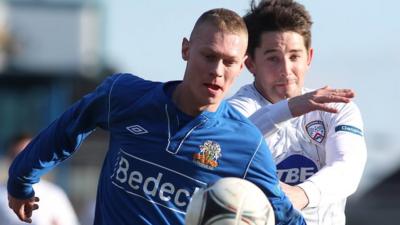 Match action from Glenavon against Coleraine from Mourneview Park