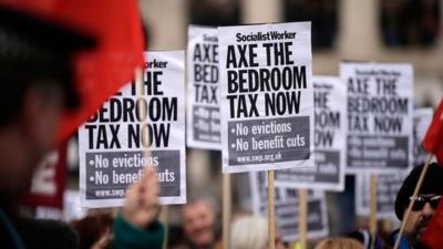 People with placards saying 'Axe the bedroom tax now'