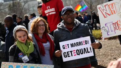 Supporters of same-sex marriage rally outside the Supreme Court building in Washington DC