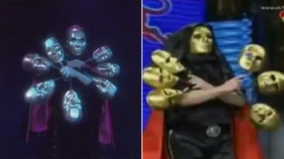 A composite image showing US magician Jeff McBride (l) and a Thai magician (r) performing a very similar act with masks