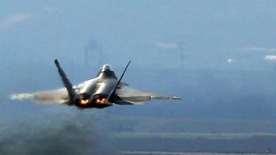 A US Air Force F-22 stealth fighter jet takes off from the Osan US Air Base in Pyeongtaek