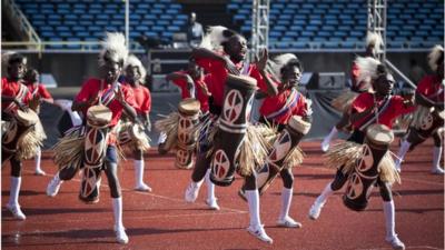 Traditional drummers perform at the inauguration of Kenya"s President Uhuru Kenyatta in Kasarani,