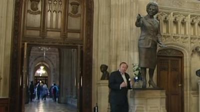 Andrew Neil with Margaret Thatcher statue