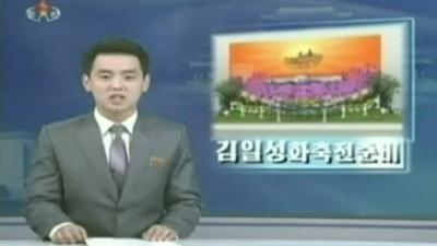 A North Korean newsreader delivering the news on TV