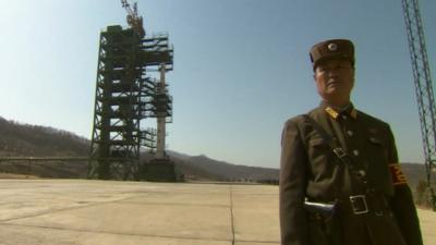 Guard in front of missile launch tower