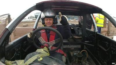 Mike Bushell in a banger racing car