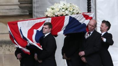 Coffin of Margaret Thatcher carried into Palace of Westminster