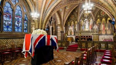 The coffin of British former Prime Minister Margaret Thatcher rests in the Crypt Chapel of St Mary Undercroft