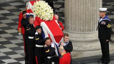 Baroness Thatcher's coffin being carried out of St Paul's