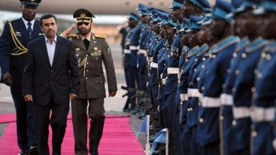 Iran's President, Mahmoud Ahmadinejad, arrives in Ghana