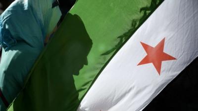 A woman's shadow is cast onto the Syrian National Coalition flag