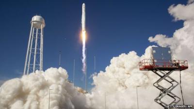 The Antares rocket as it launches from the NASA Wallops Flight Facility in Virginia