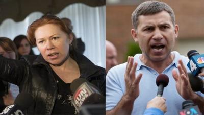 Maret Tsarnaeva and Ruslan Tsarni at press conferences on Friday