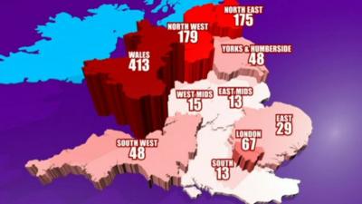 Map showing number of measles cases across England and Wales, January to March 2013