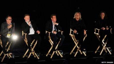 Director of the Sundance Film Festival John Cooper, Musicians Don Henley, Glenn Frey, Joe Walsh and Timothy B. Schmit of The Eagles speak at the "History Of The Eagles Part One" screening during Sundance London Film And Music Festival 2013 at Sky Superscreen O2 on April 25, 2013 in London,