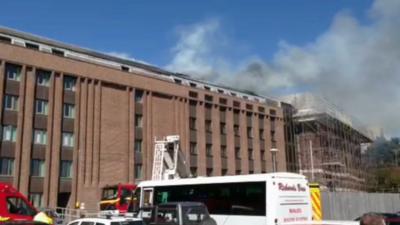 Smoke rises from the National Library of Wales