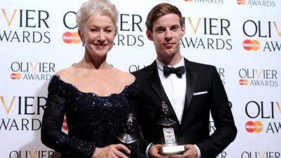 Dame Helen Mirren with her Best Actress award and Luke Treadaway with his Best Actor award