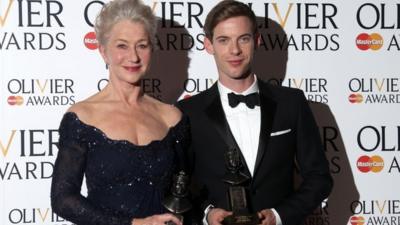 Dame Helen Mirren with her Best Actress award and Luke Treadaway with his Best Actor award