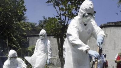 Indonesian health officials during an avian flu virus, bird flu drill