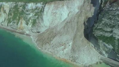 Landslip on the Dorset coast at St Oswald's Bay, east of Durdle Door