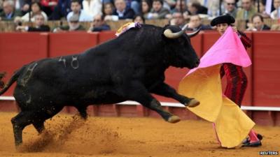 A bullfight at The Maestranza bullring in southern Spain