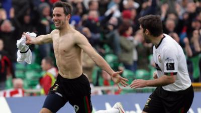 Andrew Waterworth celebrates after scoring for Glentoran in the Irish Cup final