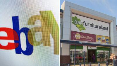 eBay logo and Oak Furniture Land store