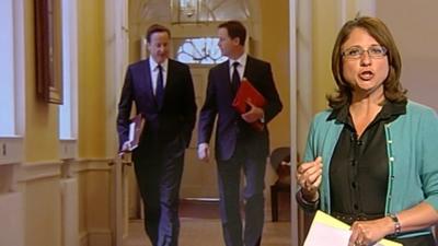 Jo Coburn with David Cameron and Nick Clegg image