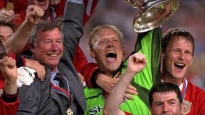 Sir Alex Ferguson celebrates winning the Champions League in 1999