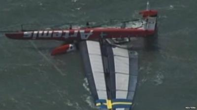 The yacht Artemis is pictured capsized off the California coast