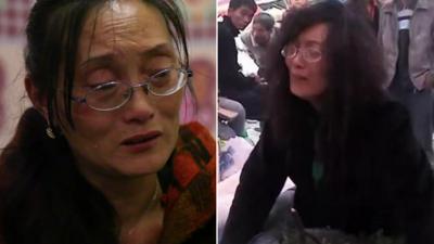 A mother whose daughters died when their school collapsed, pictured now and immediately after the quake