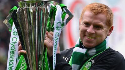 Celtic manager Neil Lennon with the SPL trophy