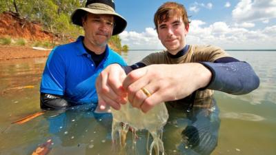 Simon Reeve with Jamie Seymour and a jellyfish