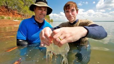 Simon Reeve with Jamie Seymour and a jellyfish