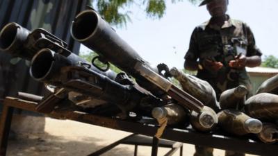 Arms and ammunitions recovered from Islamist insurgent during a clash with soldiers in the remote northeast town of Baga, Borno State