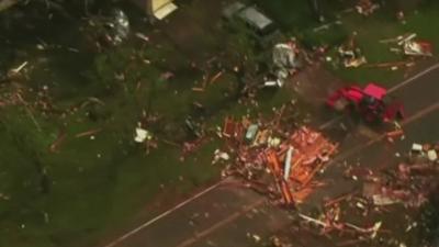 Aerial footage of damaged buildings