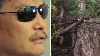 Blind Chinese dissident Chen Guangcheng and the wall he scaled to escape his homeland